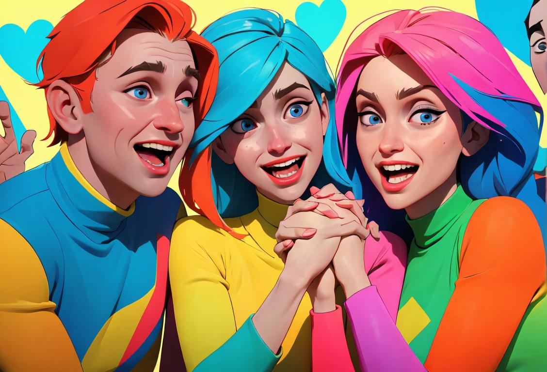 A diverse group of people laughing while holding hands, wearing colorful clothing, representing unity and celebrating National No Collusion Day..