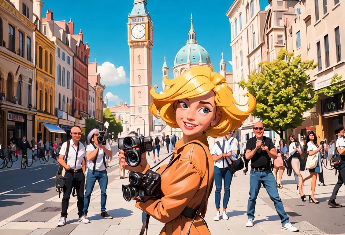 A group of people smiling and holding cameras, dressed in trendy outfits, exploring various iconic landmarks on a media tour..