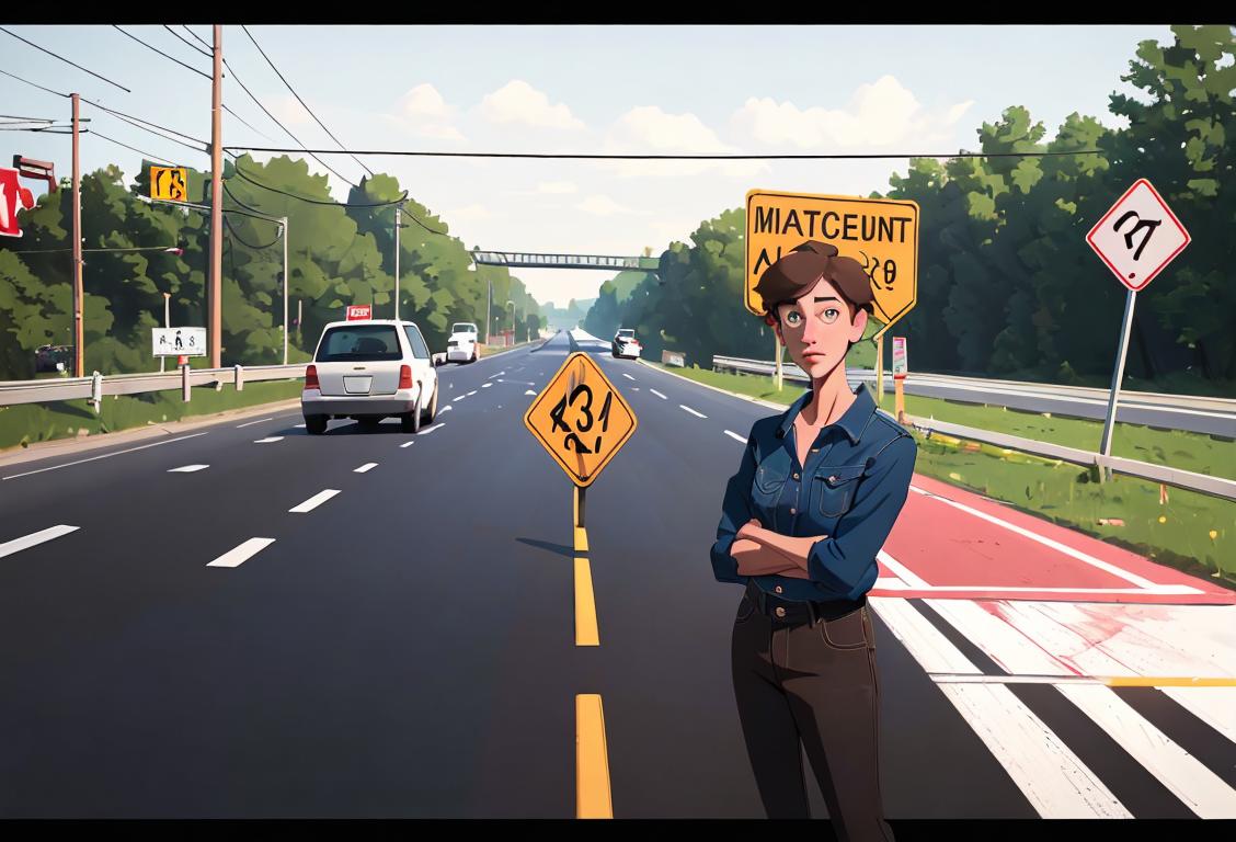 A worried person looking at a closed highway sign, wearing a casual outfit, suburban neighborhood setting..