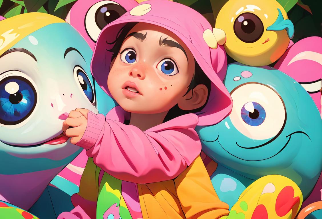 A child marvels at a one-eyed animal, surrounded by colorful, whimsical scenery, wearing bright, playful clothing..