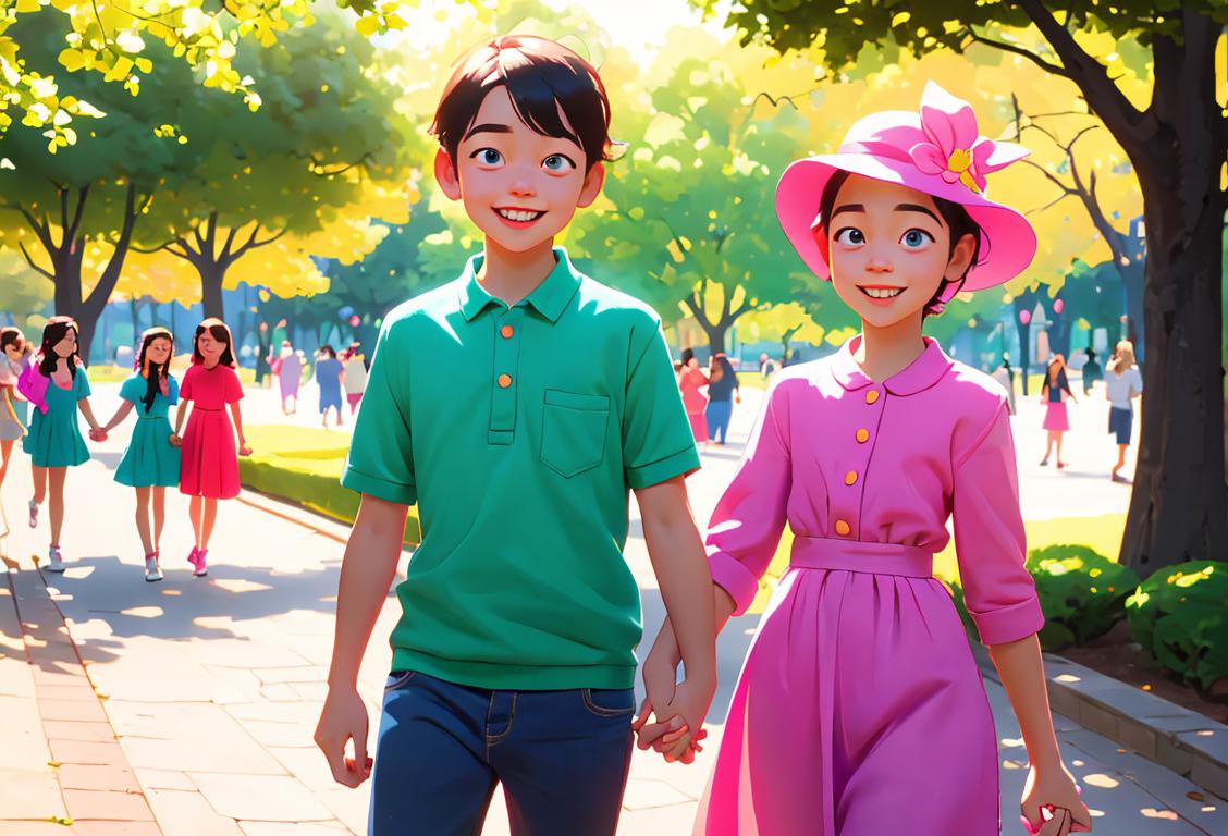 A group of siblings, smiling and holding hands, dressed in colorful clothes, enjoying a fun-filled day at the park..