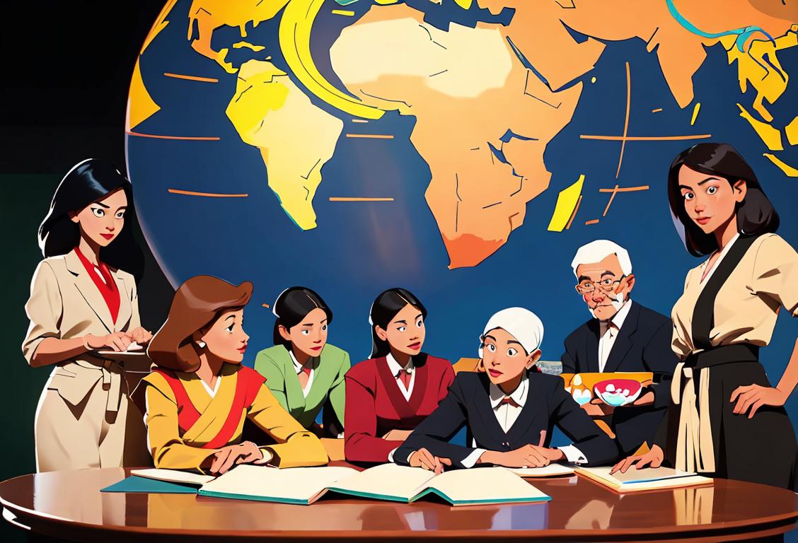 A group of diverse educators, each wearing different outfits representing different cultures and eras, gathering around a globe in a classroom setting..
