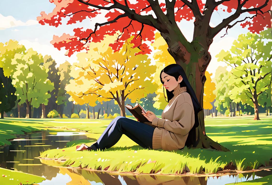 Person sitting under a tree, deep in thought, wearing a cozy sweater, surrounded by books and a serene nature setting..