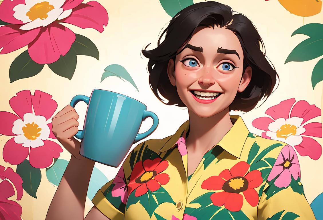 Headshot of a smiling person, wearing a bright floral shirt, surrounded by police props and lots of laughter..