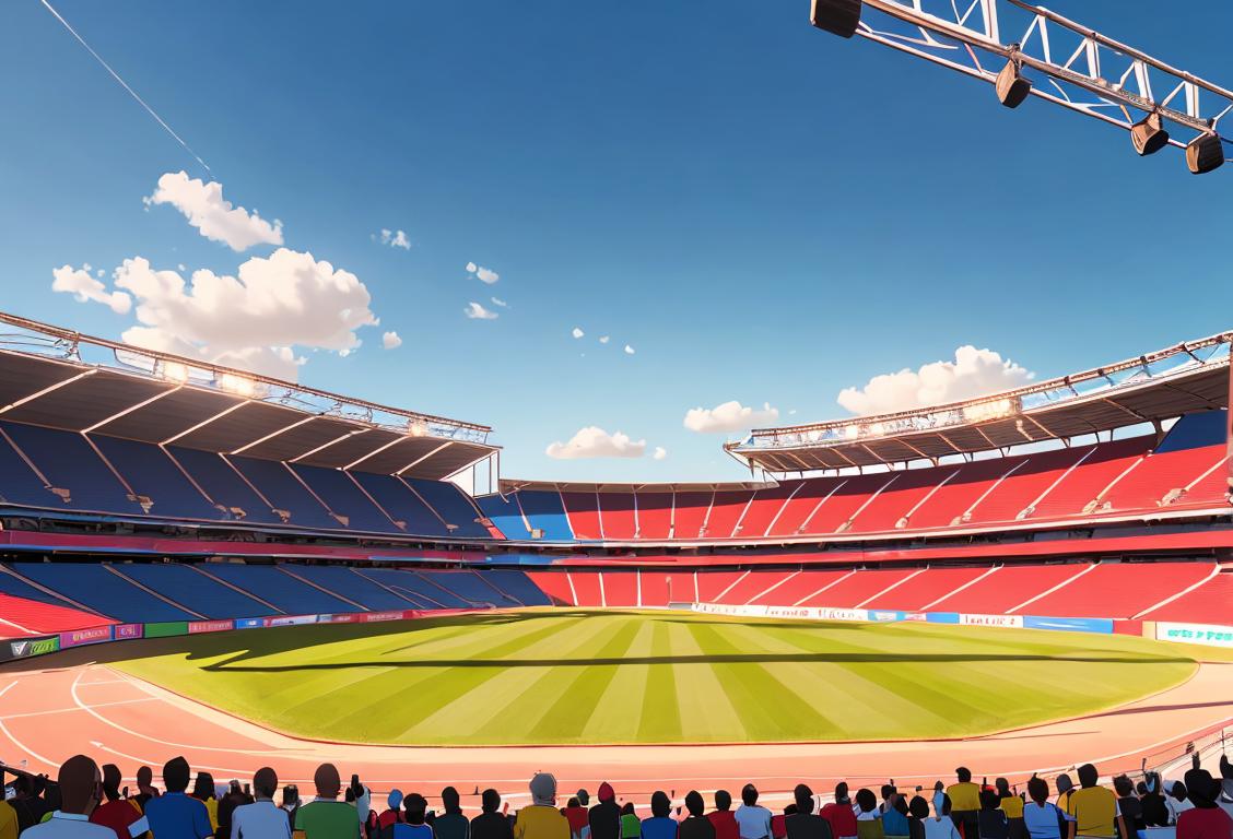 A group of diverse sports fans cheering in National Sports Stadium, wearing jerseys, representing different sports, in a vibrant stadium atmosphere..