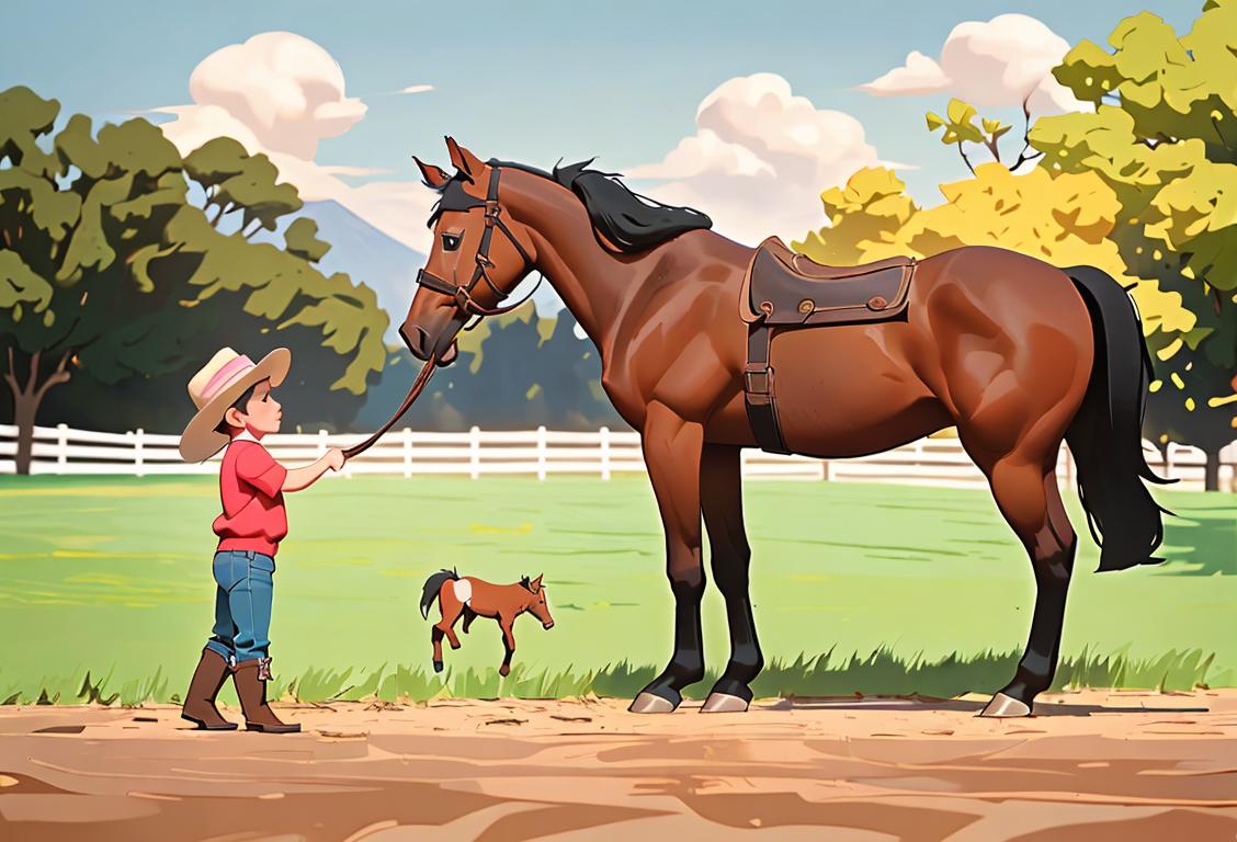 A young child gently brushing a beautiful horse's mane, wearing cowboy boots, farm setting with a picturesque sunset in the background..