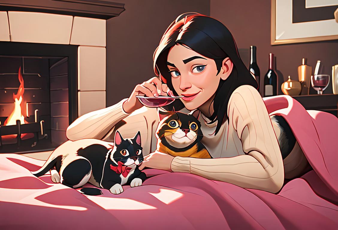 Joyful person relaxing at home with their pet, sipping wine. Cozy blanket, cozy socks, fireplace in the background..