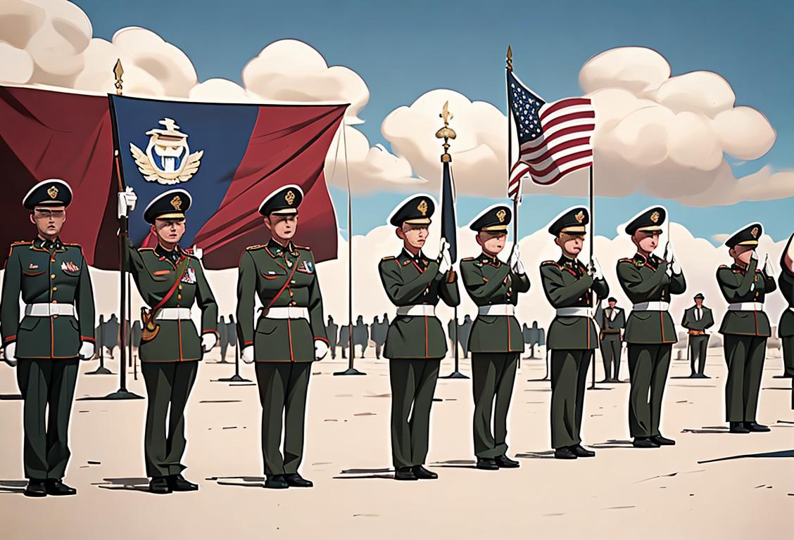Group of soldiers saluting, dressed in military uniforms, against an American flag backdrop, with an aged, nostalgic filter..