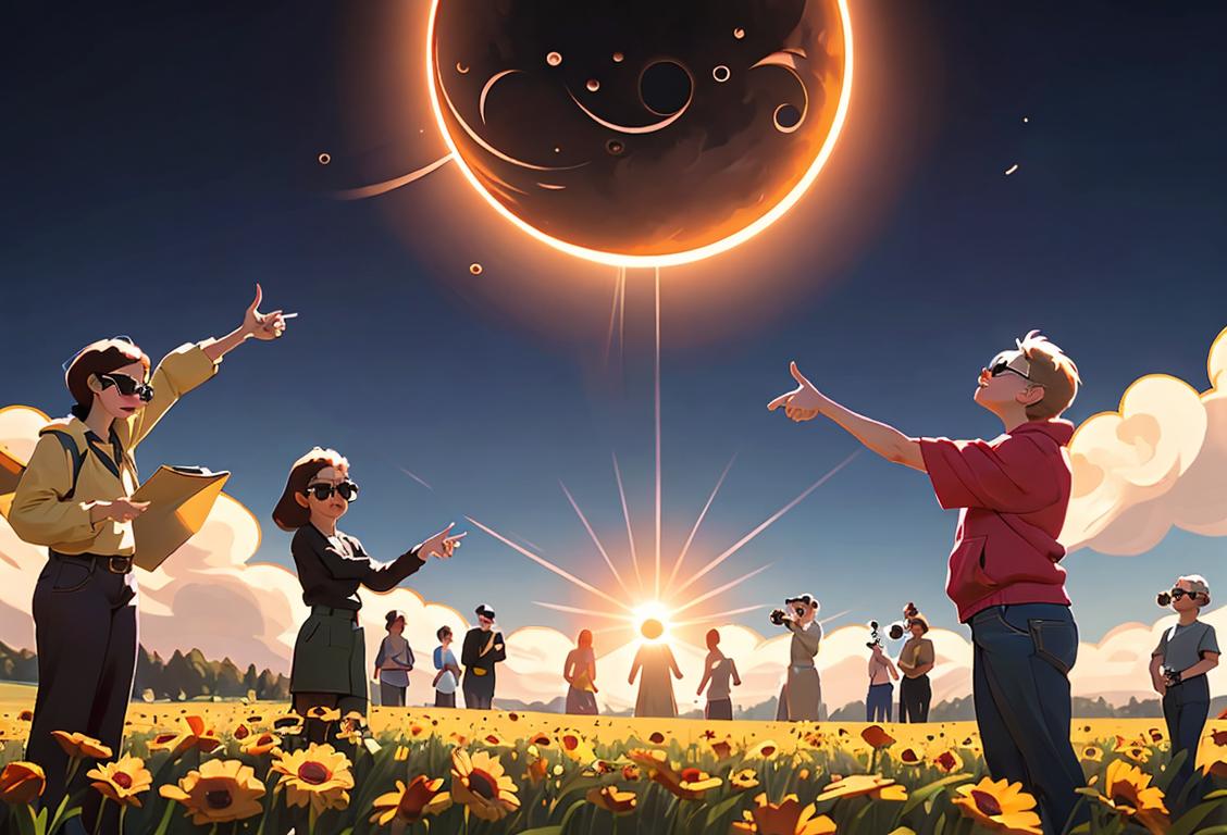 A group of diverse people wearing eclipse glasses, standing in an open field, pointing and looking up at the total solar eclipse..