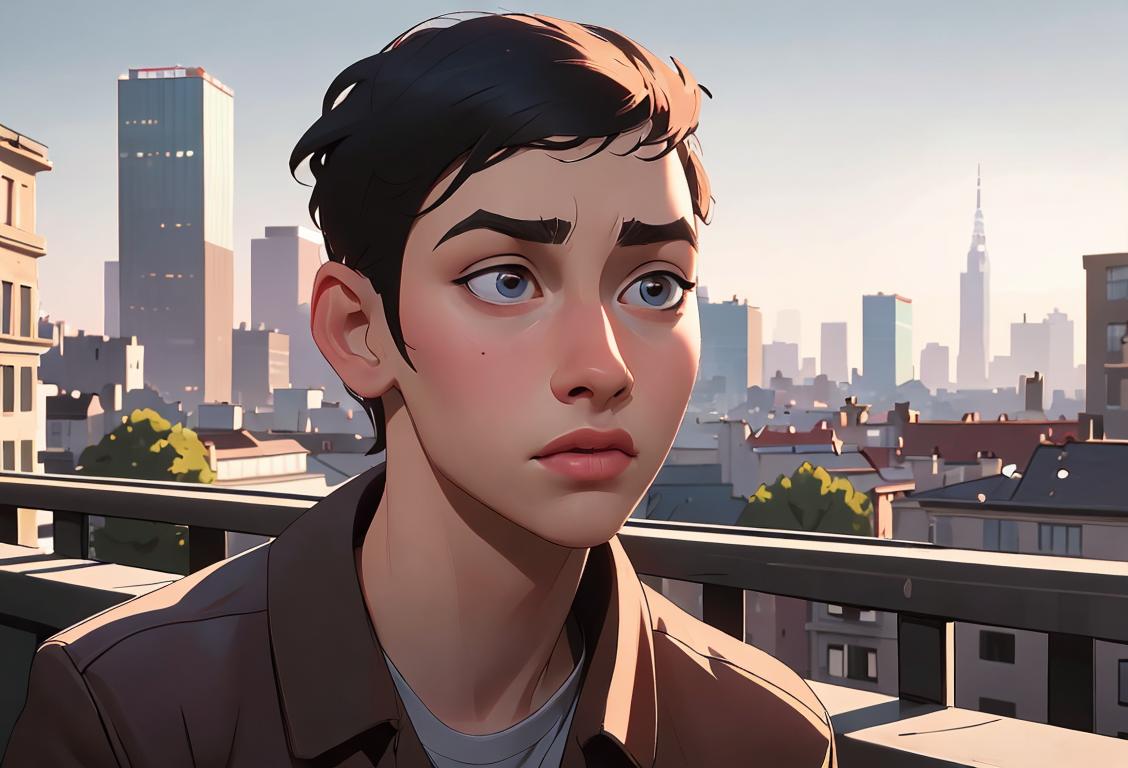 Young person with a thoughtful expression, dressed in casual modern attire, urban cityscape in the background..