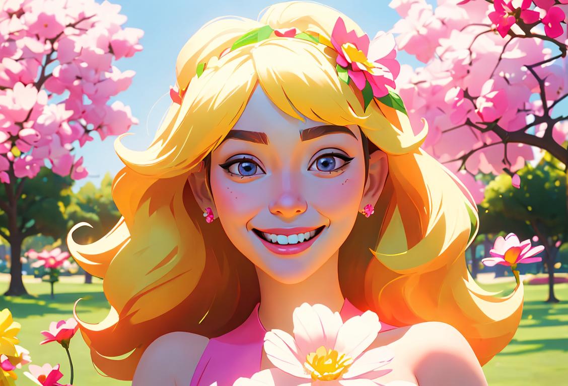 Happy person with a bright smile, wearing a colorful flower crown, surrounded by a sunny park and cheerful, vibrant atmosphere..