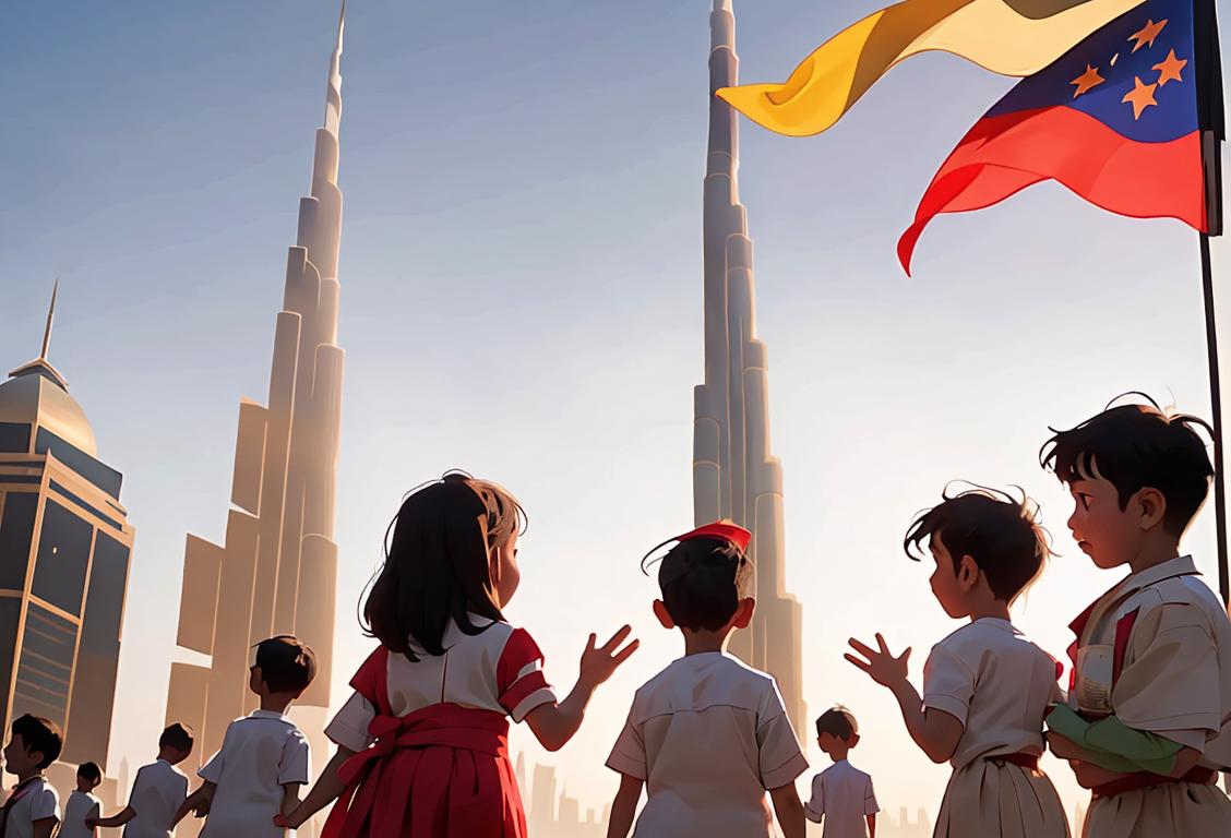 A group of children wearing traditional attire, waving small flags, celebrating Independence Day outside the Burj Khalifa..