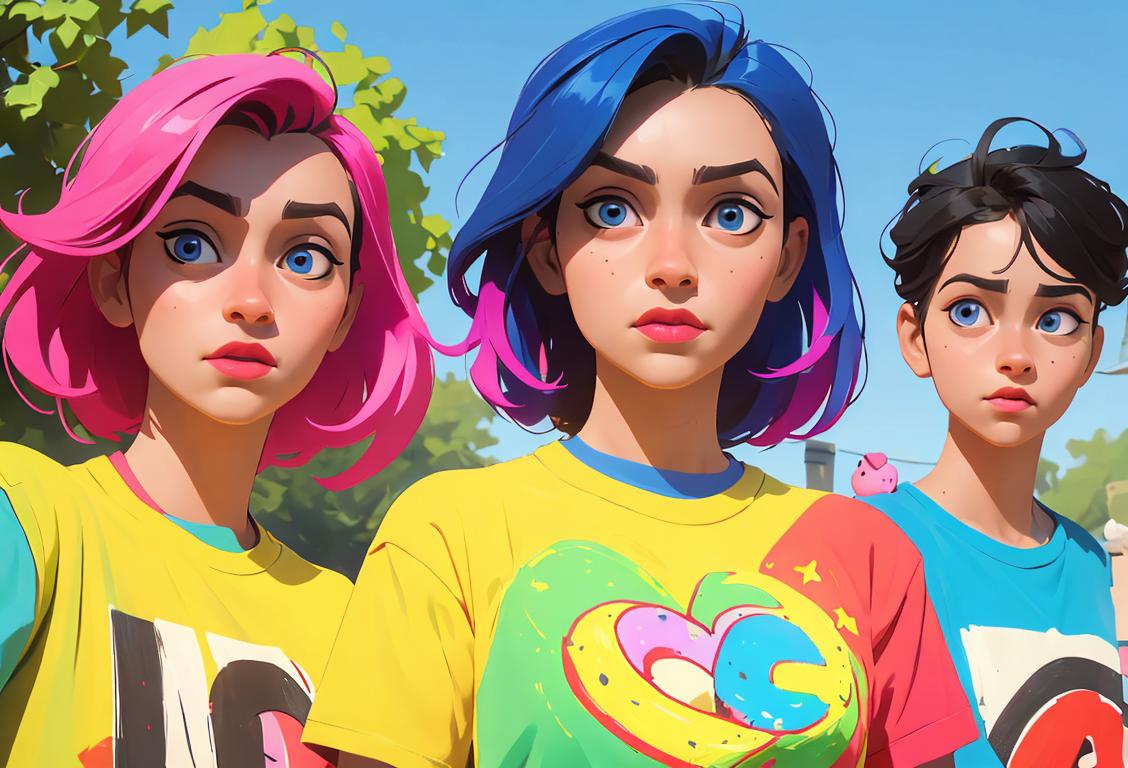 A group of people wearing colorful t-shirts, diverse style mix, celebrating National Wide One Day outdoors with colorful decorations..