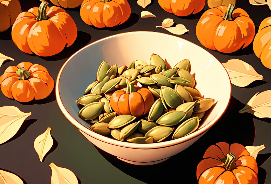 Ingredients for a wholesome image of National Pumpkin Seed Day: A cozy autumn scene with a smiling person holding a bowl of roasted pumpkin seeds, surrounded by colorful fall foliage..