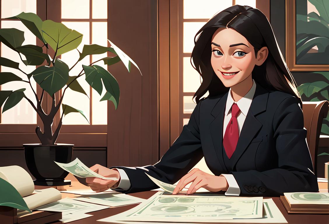 Illustration of a cozy bank interior with a smiling bank teller, customers in business attire, and a money tree in the background..