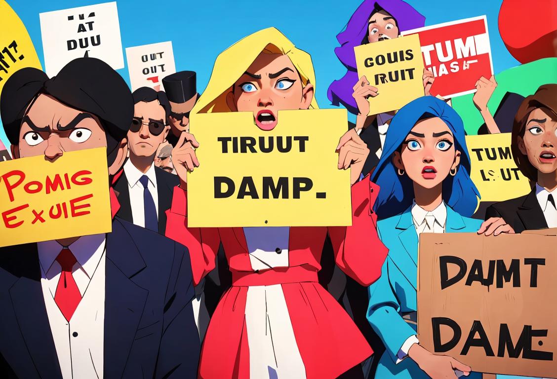 A diverse group of people holding colorful signs, dressed in various fashion styles, expressing their opinions on National Dump Trump Day..