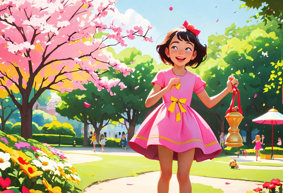 A cheerful person ringing a bell in a vibrant park, wearing a summer dress with colorful flowers, surrounded by children laughing and playing..
