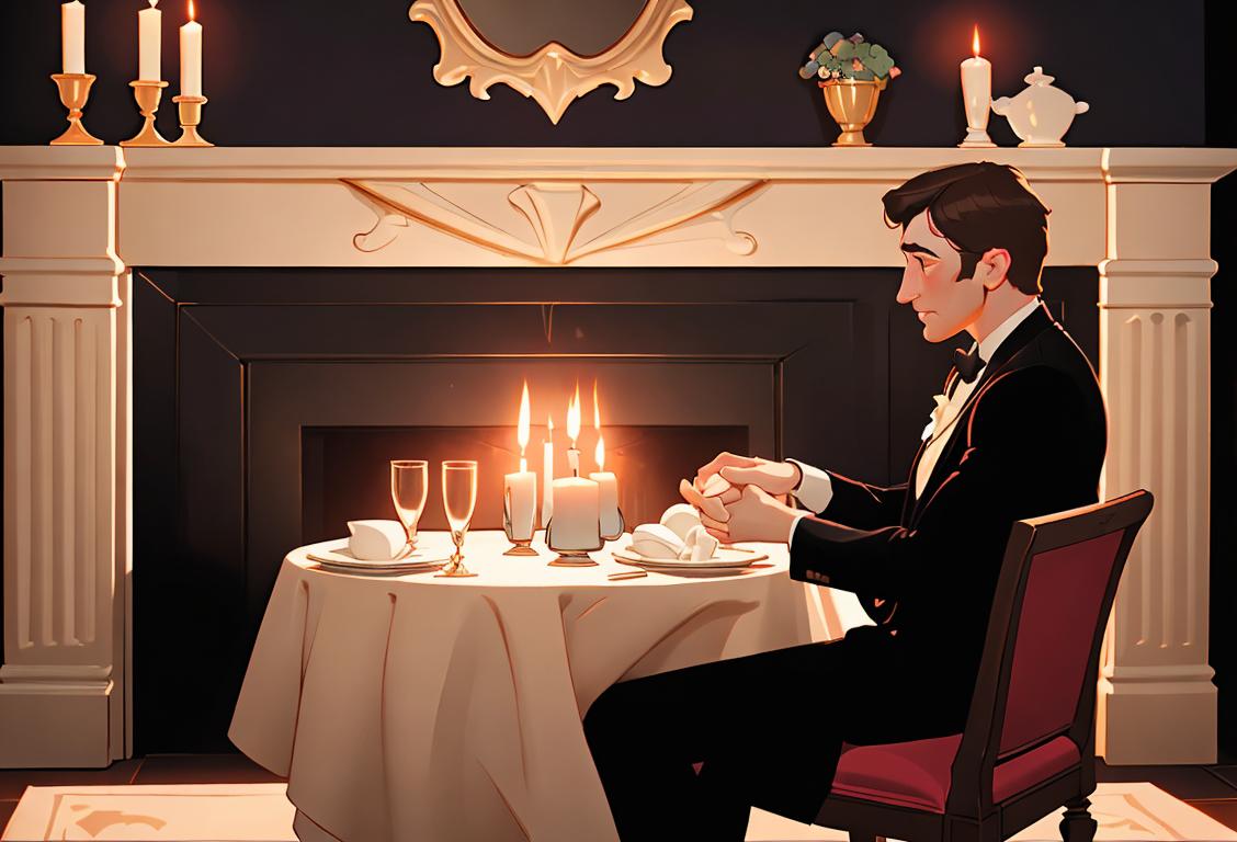A loving couple holding hands, dressed in elegant attire, enjoying a romantic candlelit dinner, with a cozy fireplace in the background..