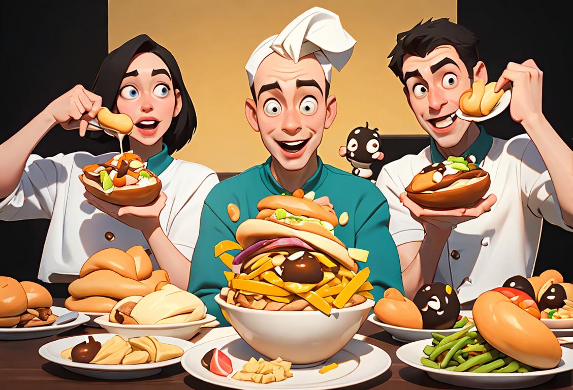 A joyful group of people, including a man wearing an expandable waistband, celebrating a delicious meal and holding their food babies with pride..