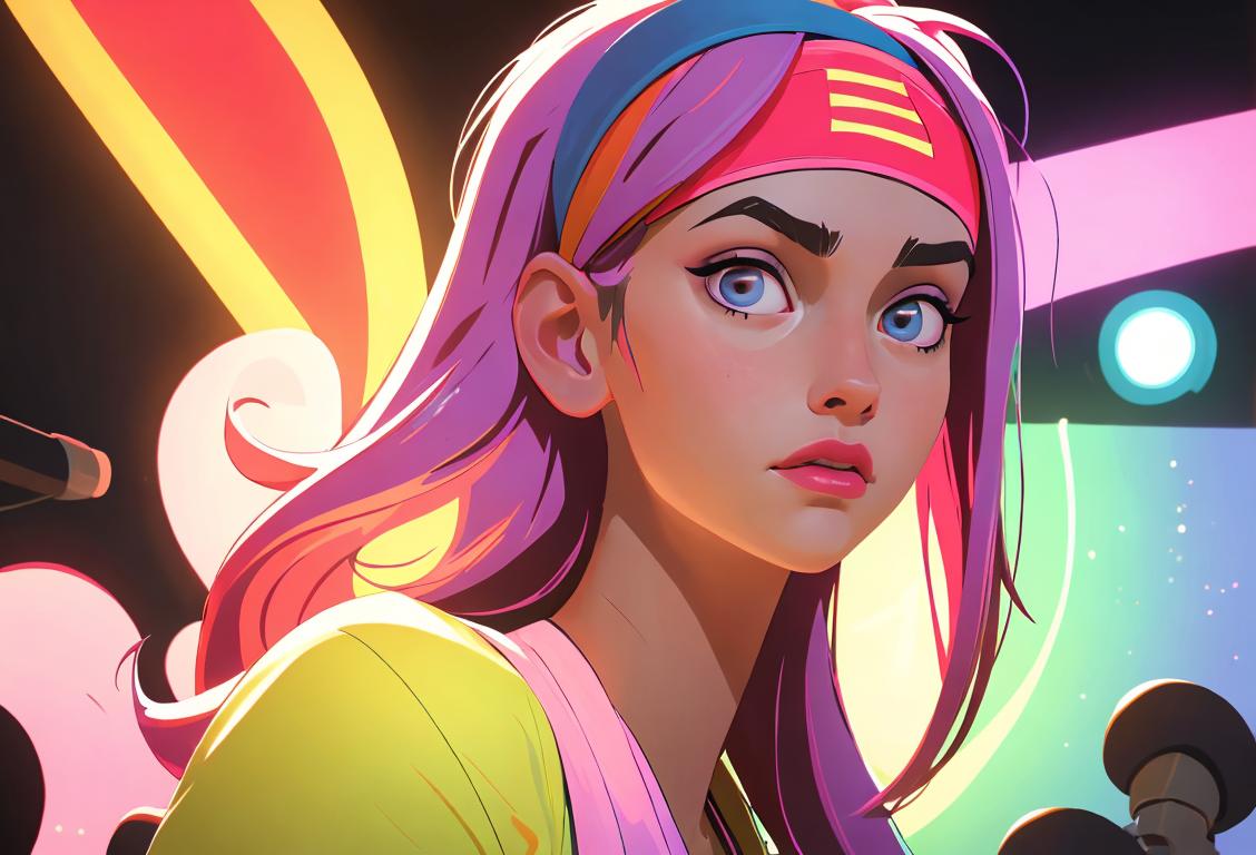Young woman with a baem-themed headband, 2000s fashion, surrounded by colorful disco lights..