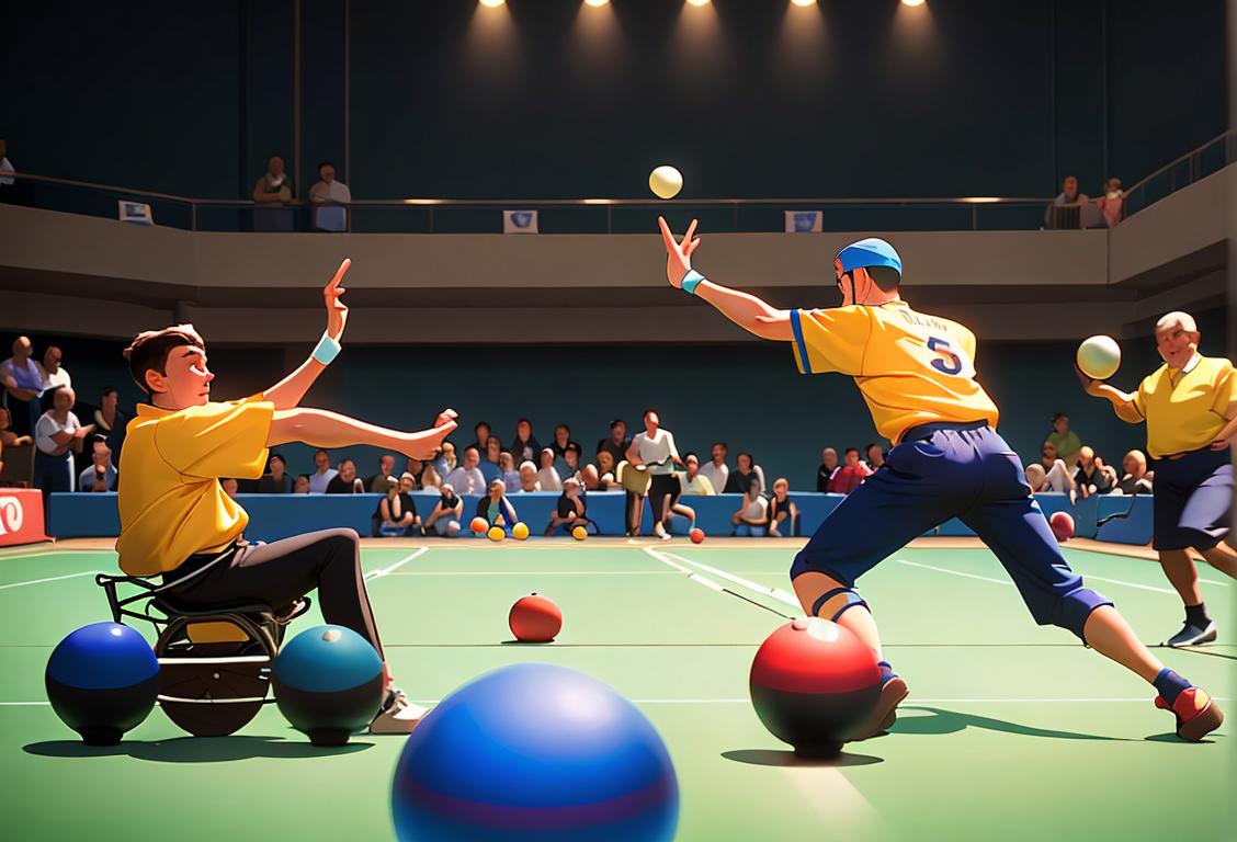 Excited players aiming skillfully at target in a brightly lit boccia court, surrounded by cheering crowd, with players wearing colorful uniforms while competing for victory..