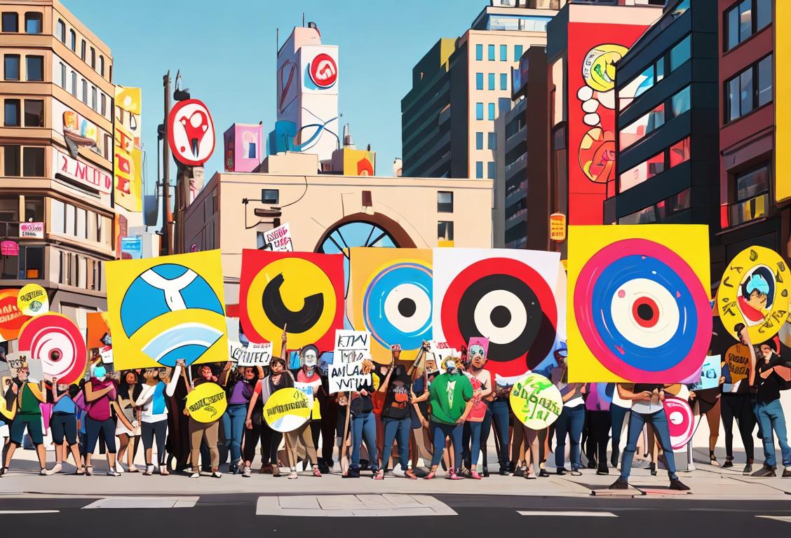 Group of diverse individuals protesting with signs, wearing bright colors, urban city setting..