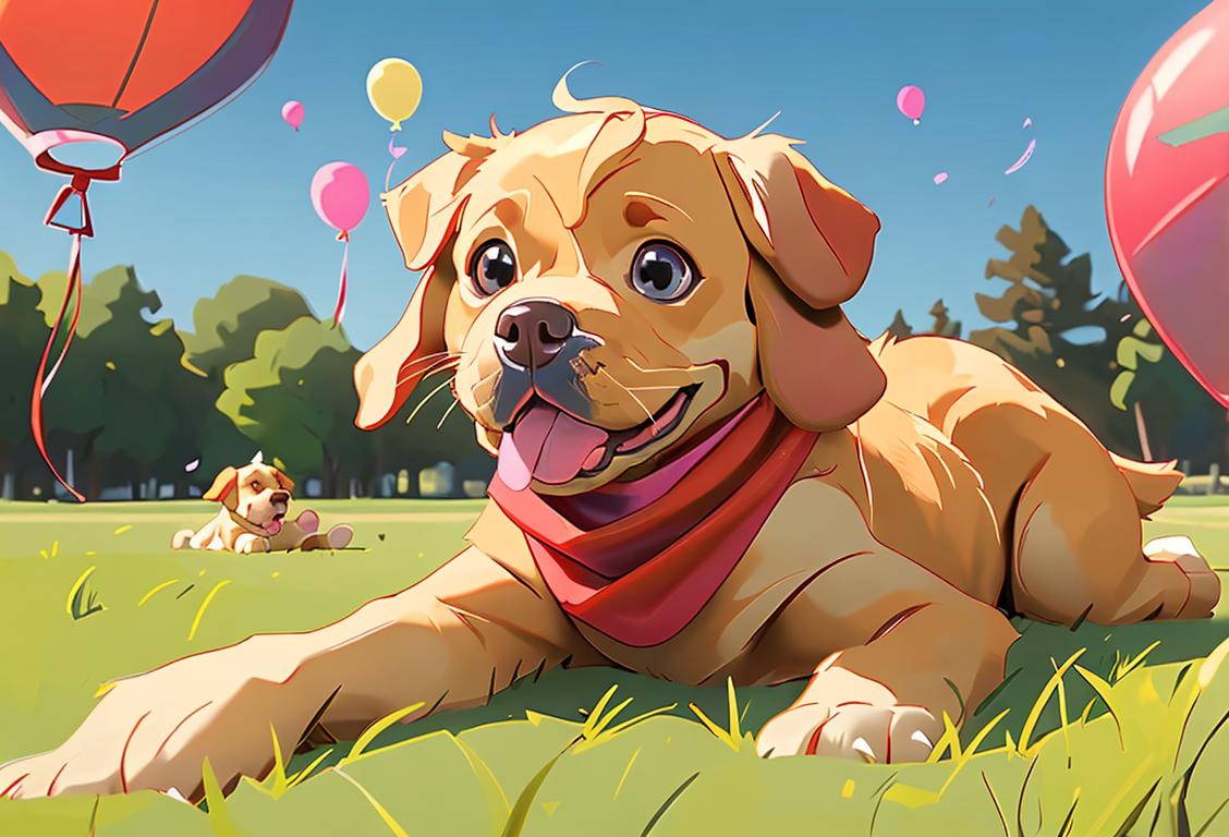 Cute golden retriever puppy with a red bandana rolling over in a grassy park, surrounded by children playing and colorful balloons in the background..