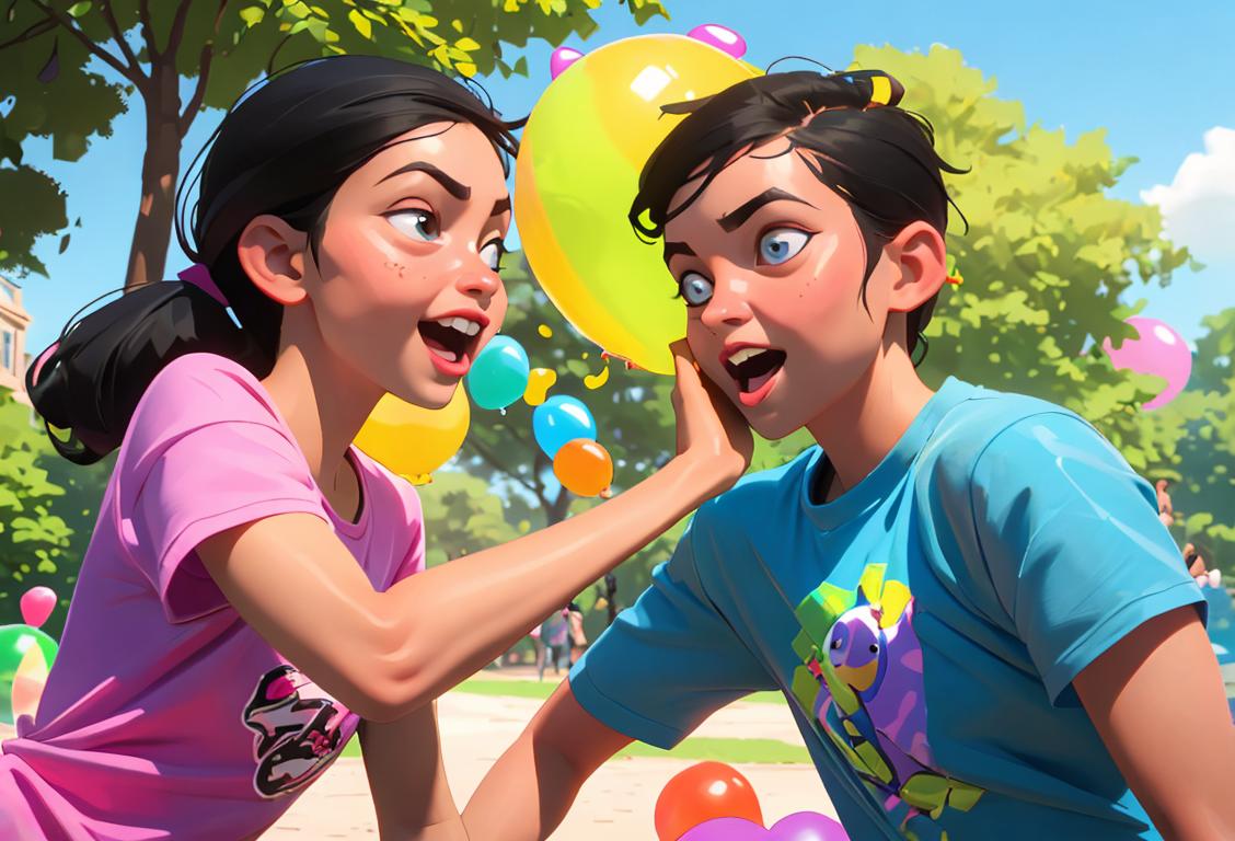 Young adults playfully pranking each other with water balloons, wearing colorful summer outfits, in a park setting..