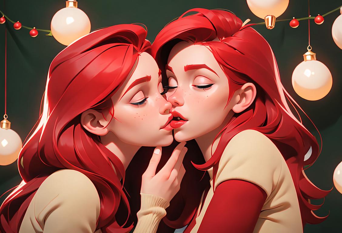 Two redheads sharing a sweet, playful kiss under a mistletoe, surrounded by festive holiday decorations and cozy winter fashion..