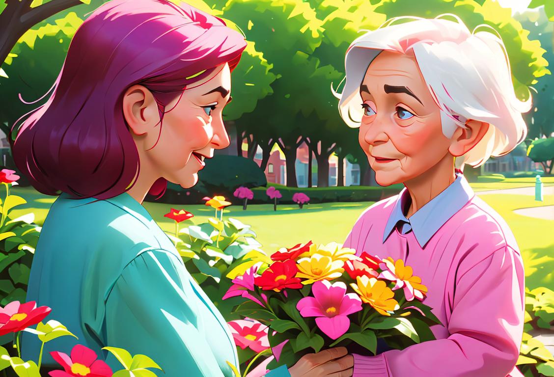 Young child giving a bouquet of flowers to an elderly woman in a park, wearing colorful clothing, vibrant garden setting..