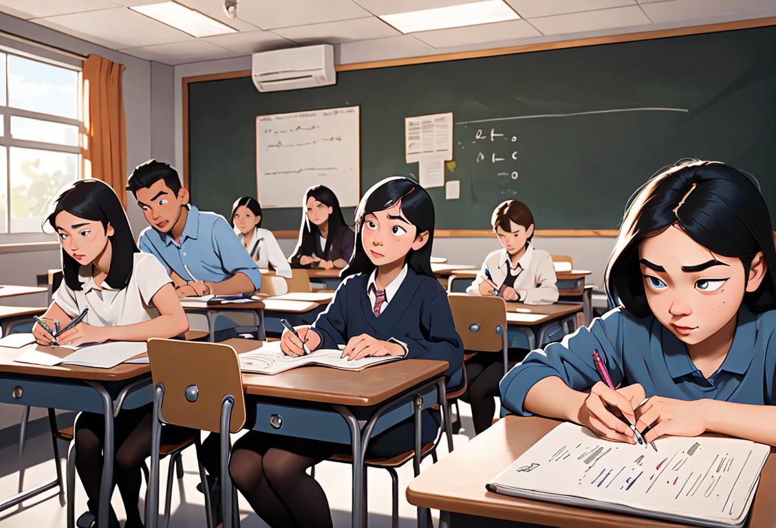 A group of diverse students dressed in various styles, with pens and notebooks in a classroom setting, ready to take on National Testing Day!.