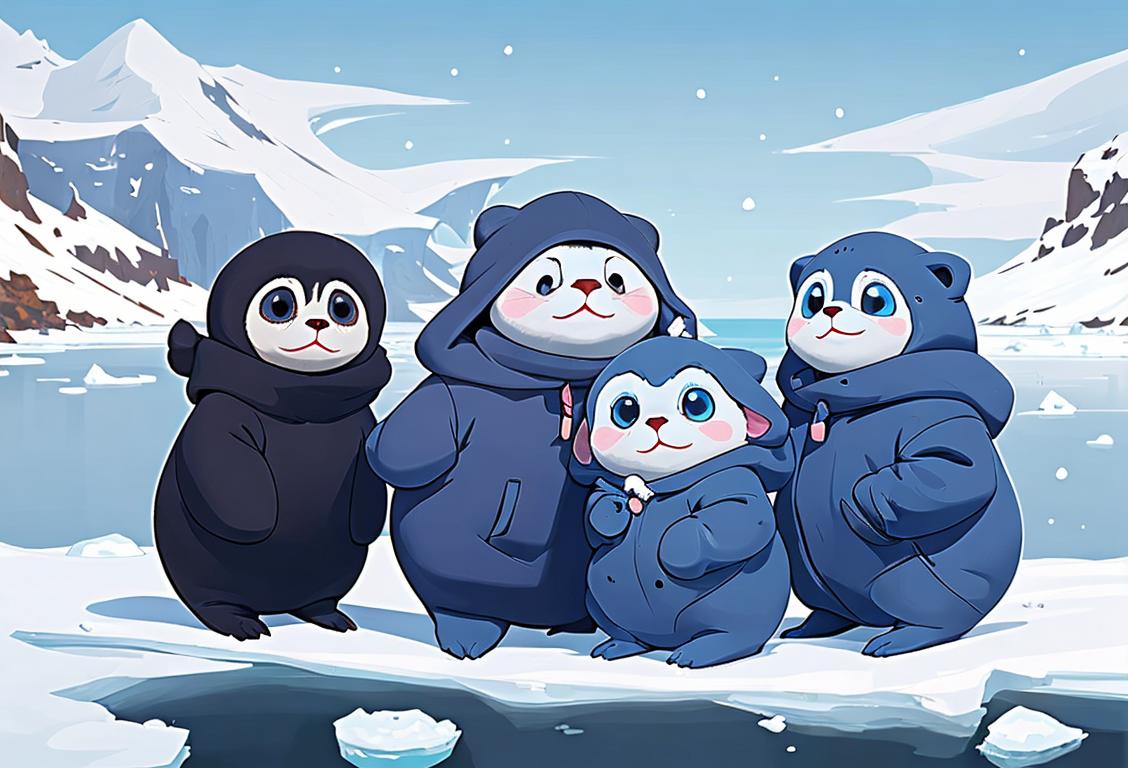 A group of smiling children, wearing cozy winter jackets, surrounded by fluffy stuffed seals, against a backdrop of icy blue waters..