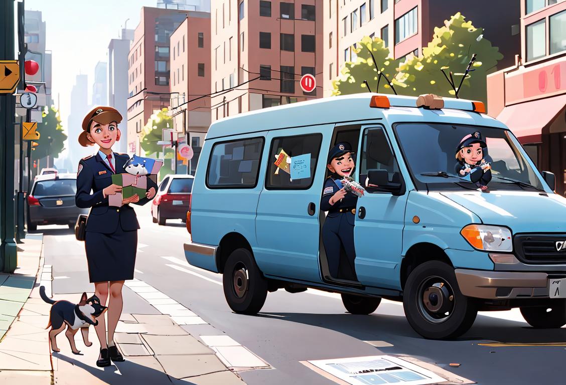 Young woman in postal uniform, delivering package in a bustling city, happy mail recipients and a mischievous puppy..