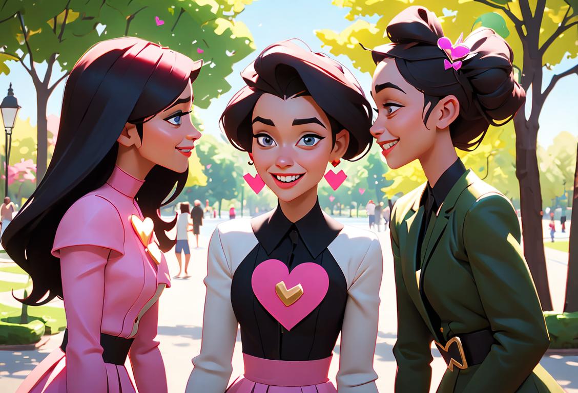 A diverse group of people, dressed in trendy outfits, exchanging heart-shaped raks and smiling at each other in a park..