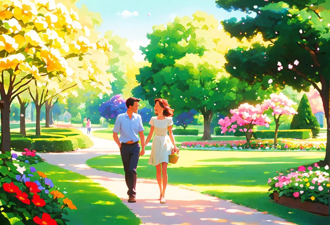 Bright and sunny garden scene with people strolling amidst beautiful flowers, wearing summer clothes, picnic setting..