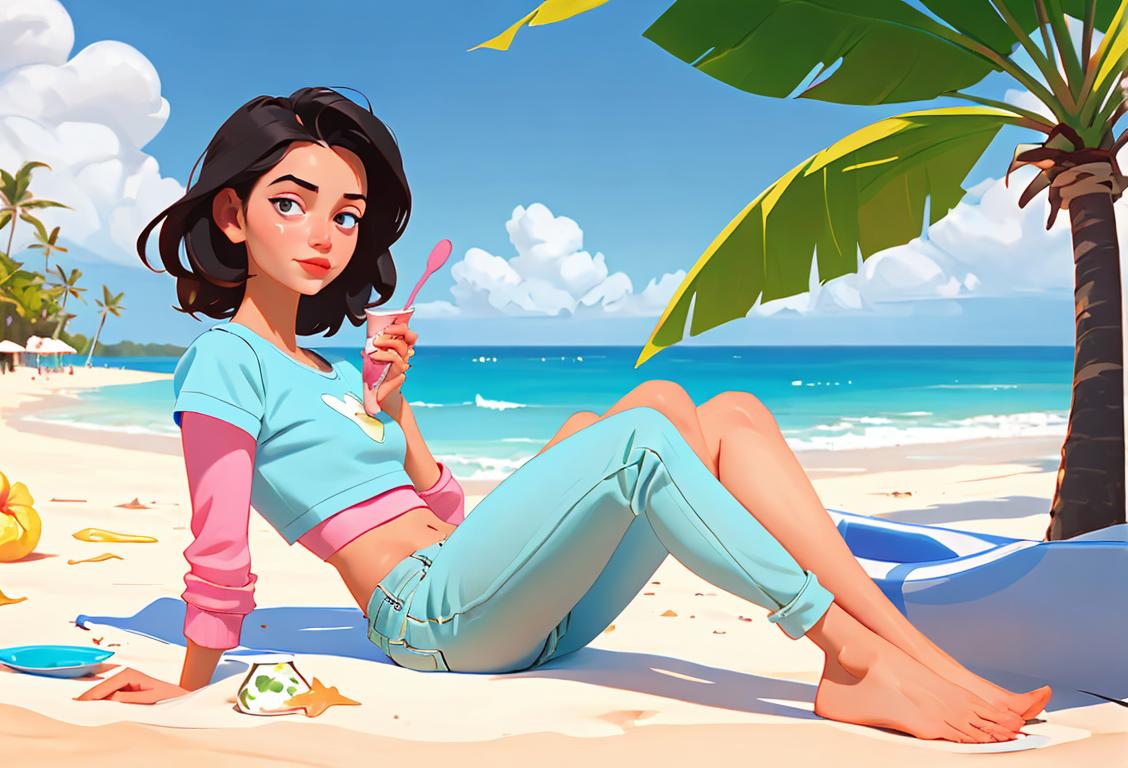 A young woman enjoying a spoonful of yogurt, wearing a trendy crop top, tropical beach scenery..