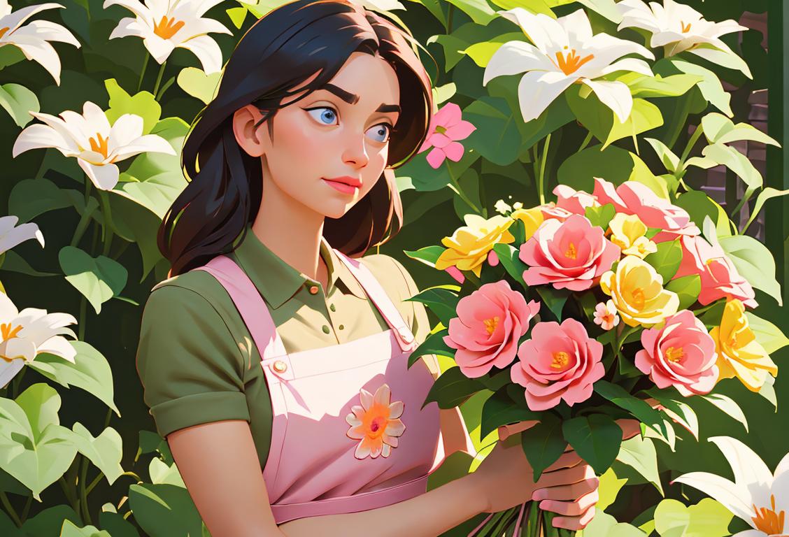 Floral artist arranging a breathtaking bouquet, wearing a stylish floral apron, surrounded by whimsical garden scenery..