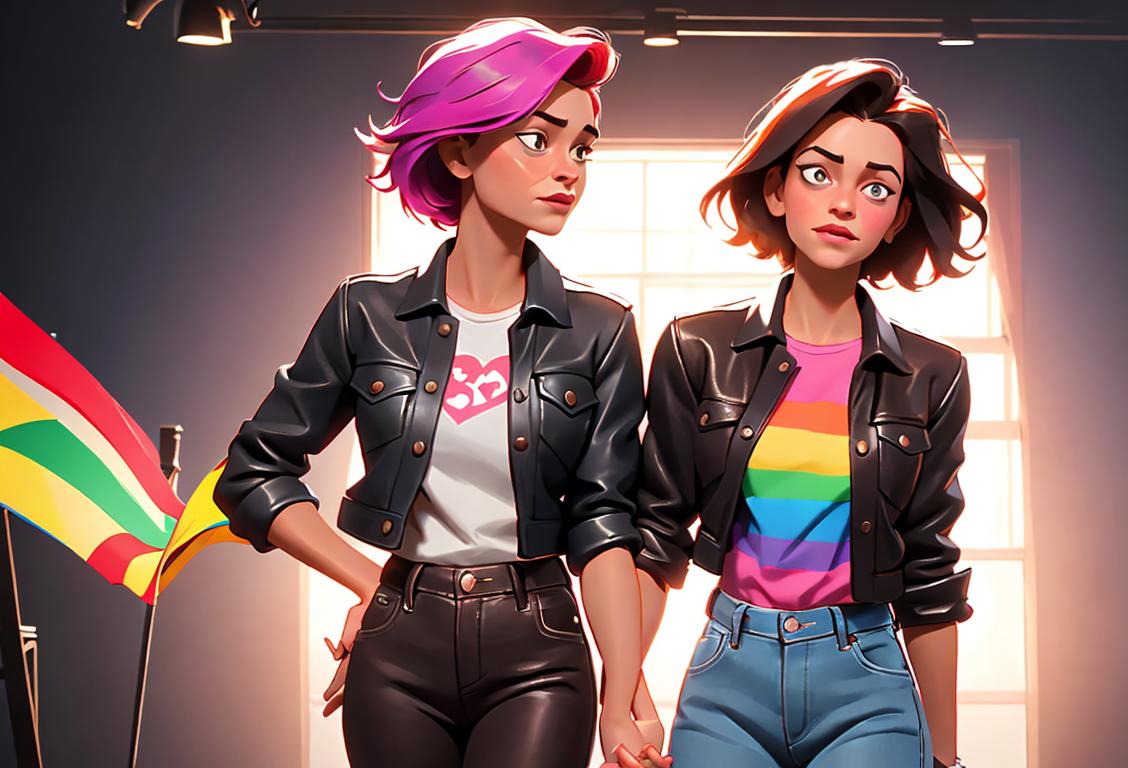 Two women holding hands, with one wearing a flannel shirt and the other wearing a leather jacket, standing in front of a vibrant and inclusive pride parade..