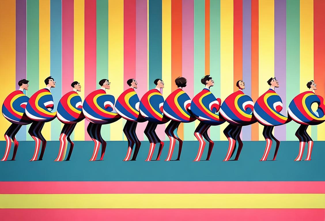 A diverse group of people, wearing striped clothing in various styles and colors, standing against a vibrant backdrop of striped flags, celebrating National Stripe Day..