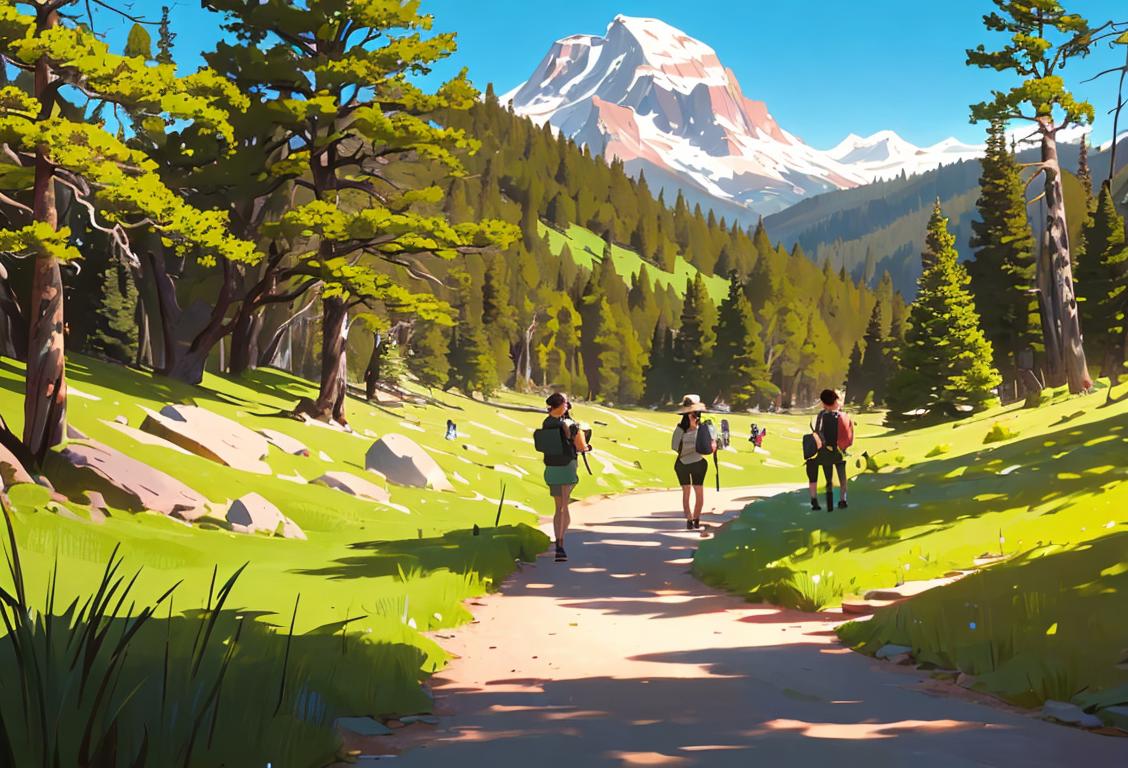 Group of diverse visitors, hiking through stunning landscapes, capturing memories of national parks with cameras, wearing comfortable outdoor clothing, surrounded by wildlife and nature..