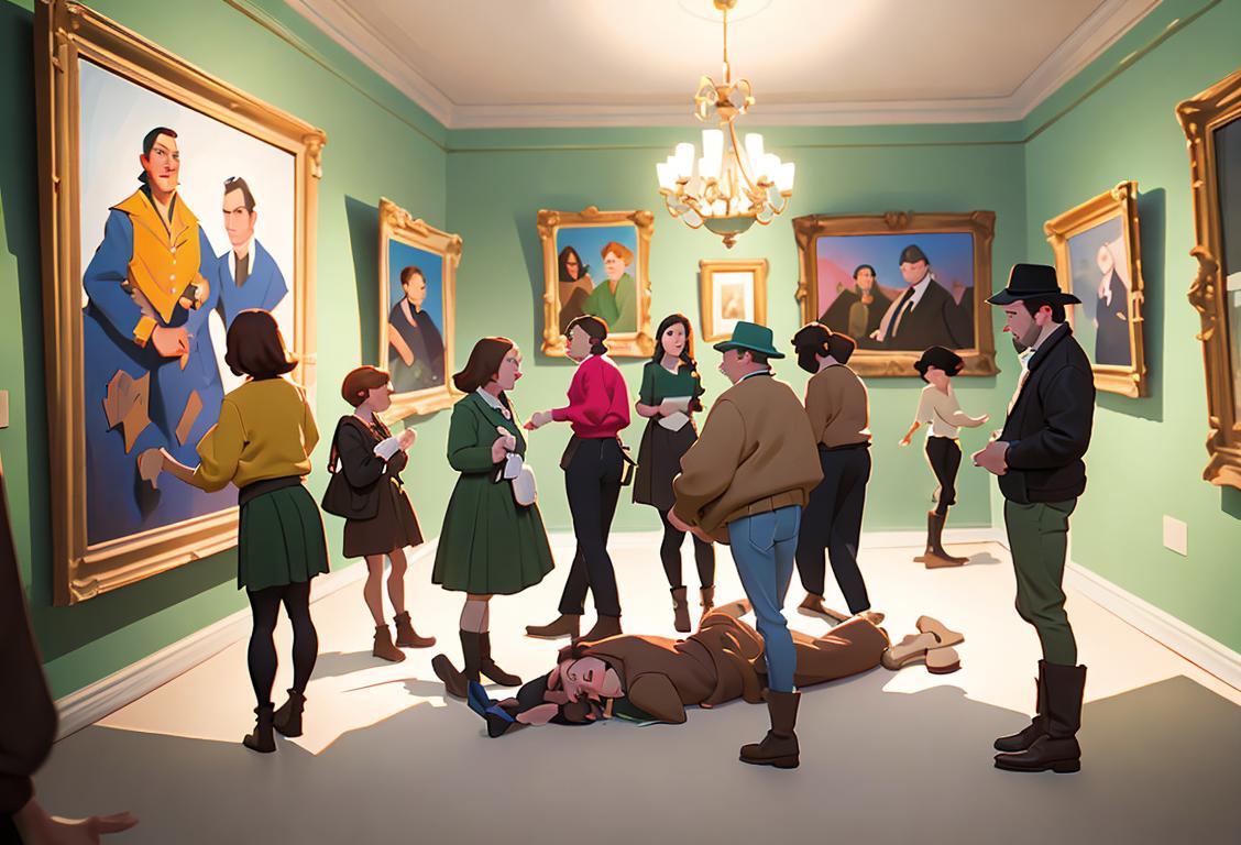 Group of people wearing critch-themed clothing, surrounded by critch-inspired artwork, in a vibrant and playful art gallery setting..