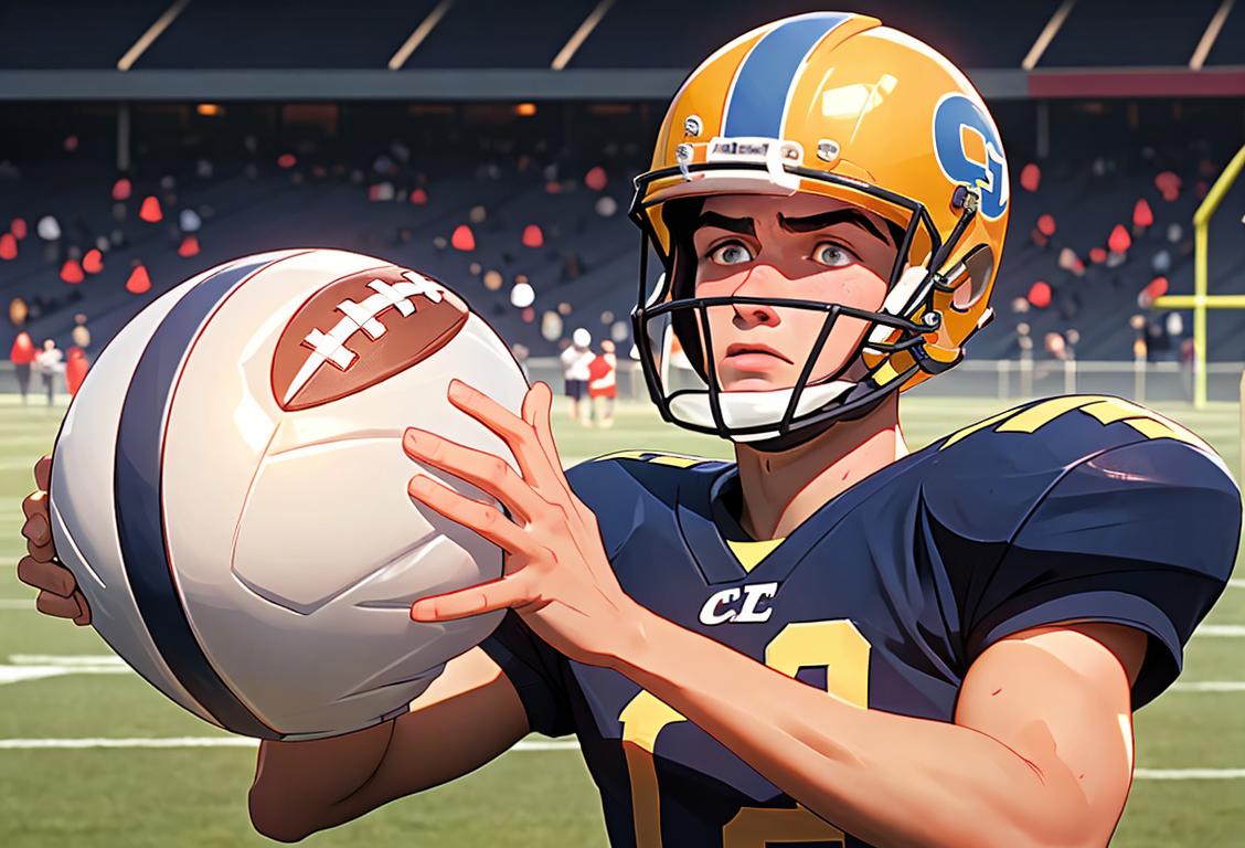 Young man wearing a football helmet, holding a poster about CTE awareness, in a high school football field..
