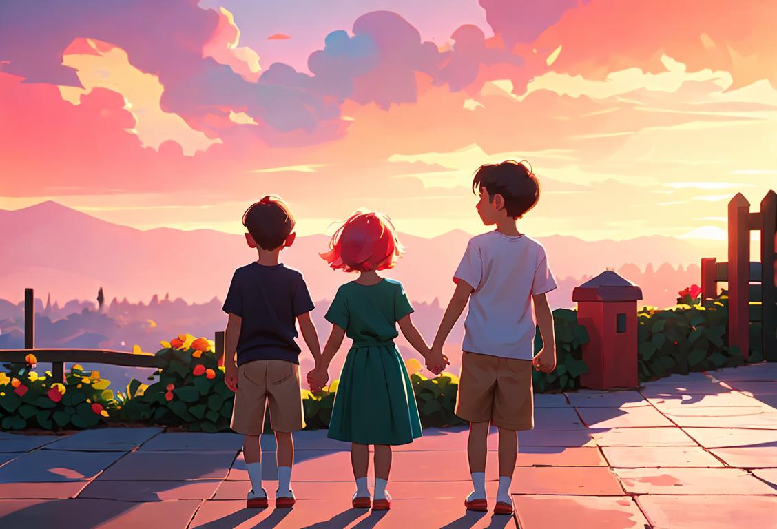 Joyful children of diverse backgrounds, holding hands in front of a colorful sunrise, wearing casual clothes and expressing unity and hope..