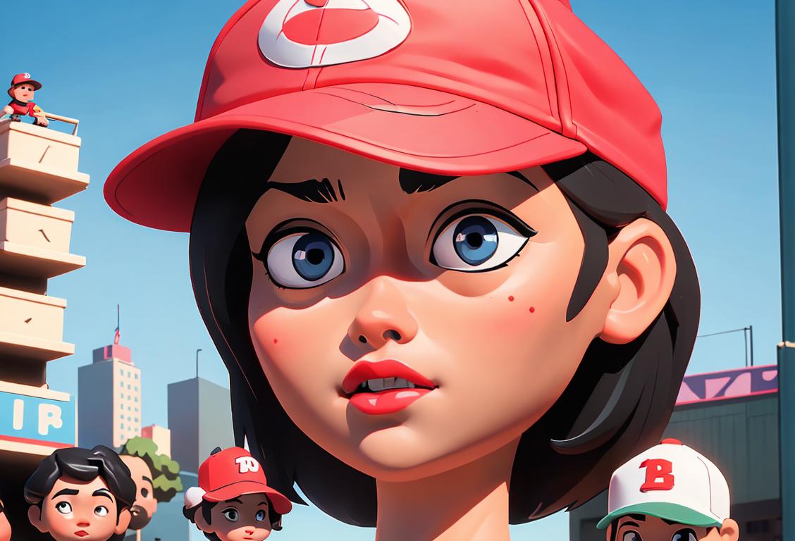 Young girl with bobblehead heads of famous figures, wearing a baseball cap, vibrant city backdrop with crowds of people..