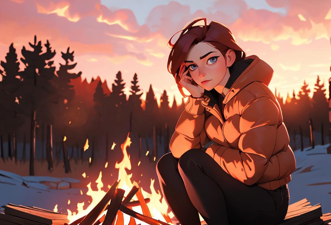 Young woman sitting near a crackling bonfire, wearing cozy autumn clothes, with beautiful sunset in the background..