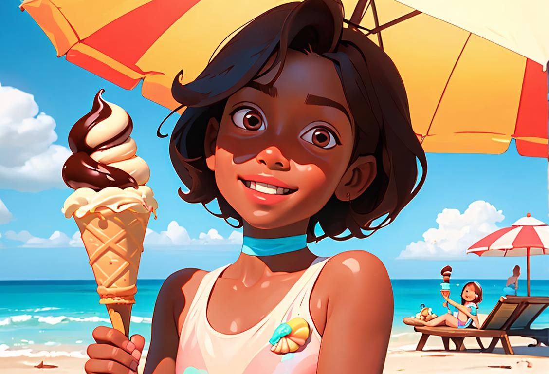 A joyful child holding a cone of chocolate ice cream on a sunny day at the beach, wearing a colorful swimsuit and surrounded by seashells..