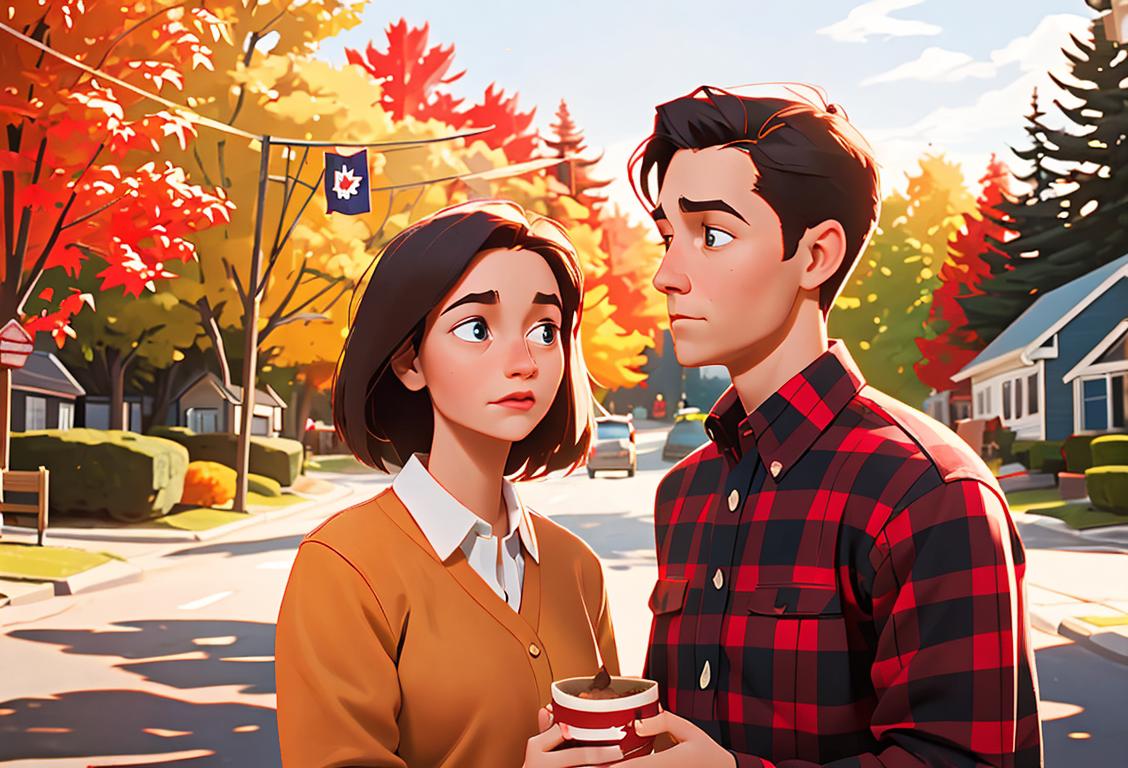 Young couple wearing plaid shirts, holding Canadian flag, surrounded by beautiful fall foliage in a small Canadian town..