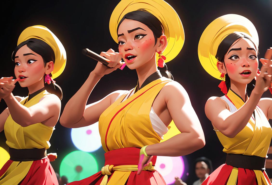 A group of people wearing traditional costumes, dancing and playing music, celebrating National Hampasan Day with vibrant colors and lively atmosphere..