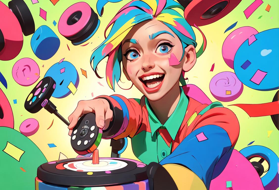 A joyful person pressing the rewind button on a remote control, surrounded by colorful confetti. Fun clothing, vibrant style, festive celebration..