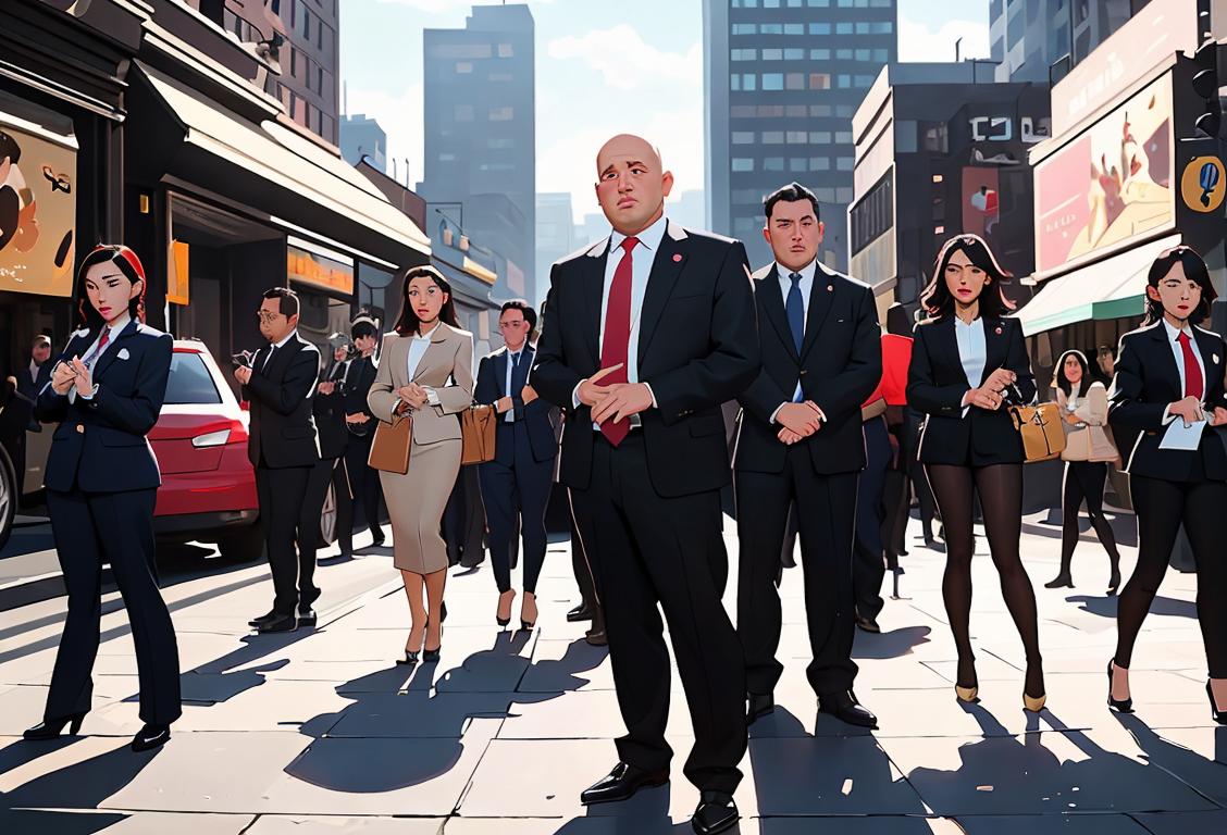 A diverse group of people engaged in a frantic search, dressed in professional attire, in a bustling city setting..